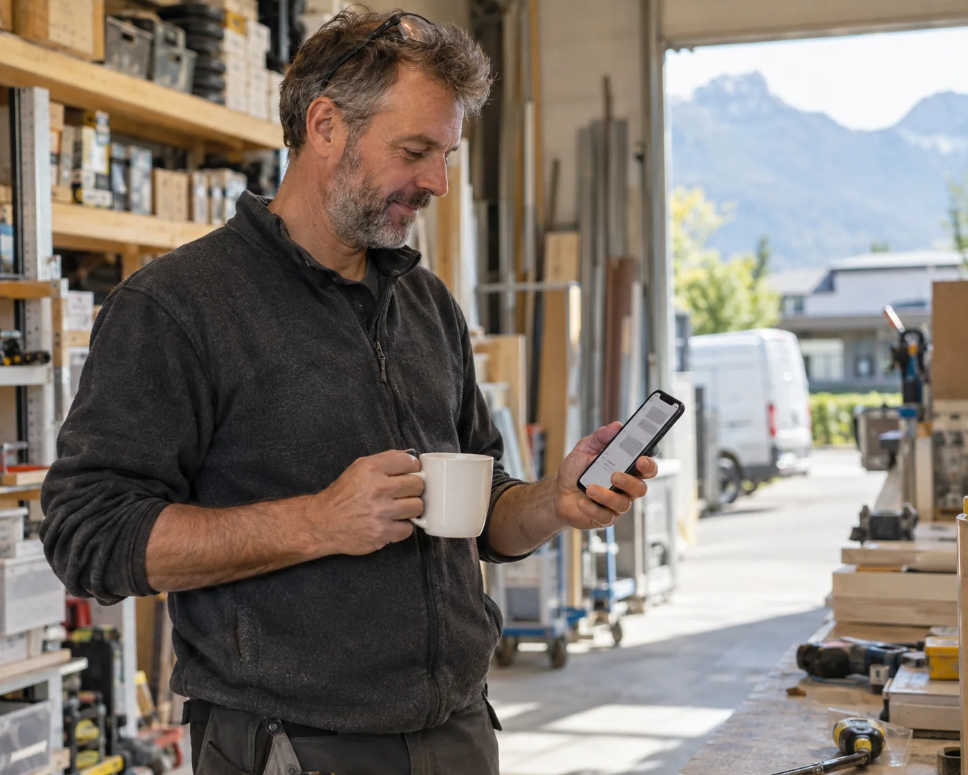 Inhaber eines Gewerbebetriebs prüft am Handy die Entwürfe seines KI-Mitarbeiters
