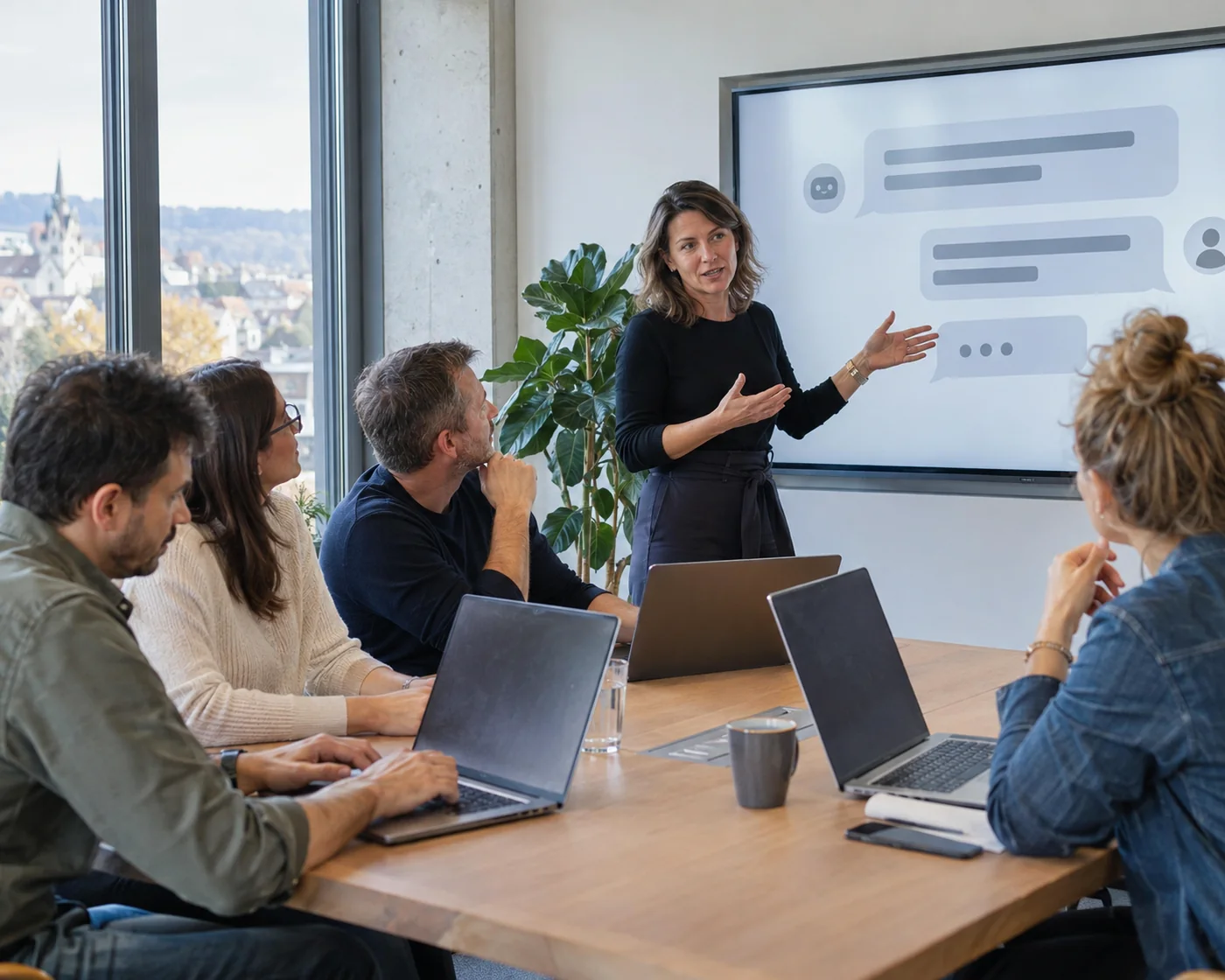 Workshop zu ISO 42001: Trainerin erklärt dem Team den Rahmen für KI-Nutzung