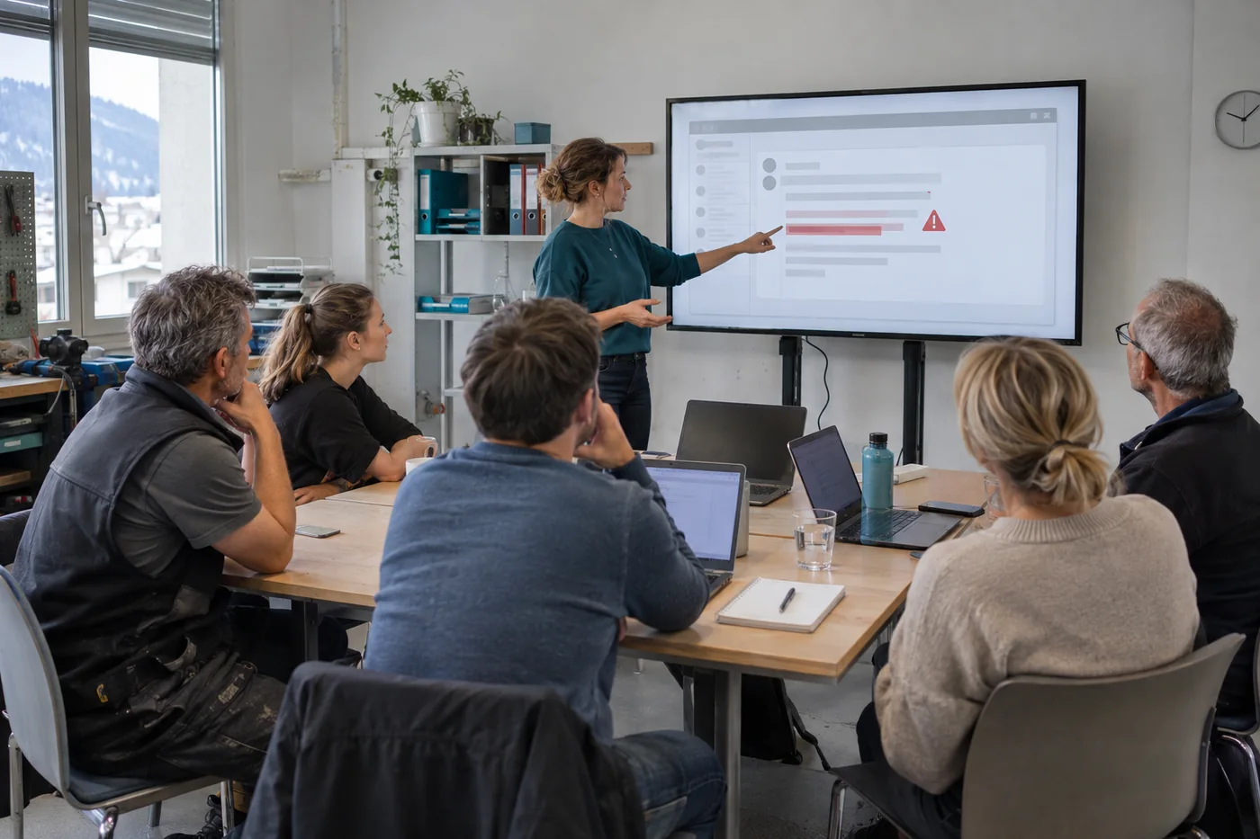 Kleines Team eines Gewerbebetriebs bei einer Schulung am Bildschirm
