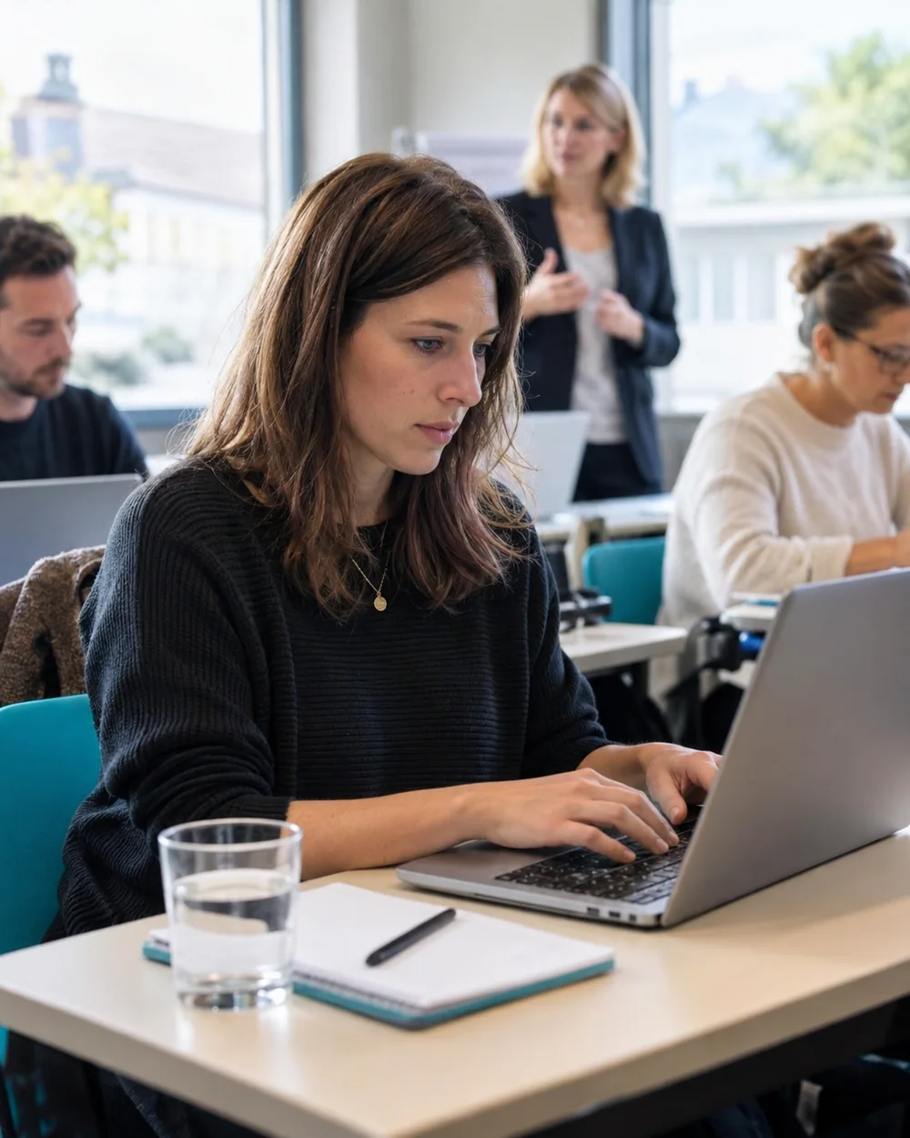 Kursteilnehmerin arbeitet konzentriert am Laptop eine Übung durch